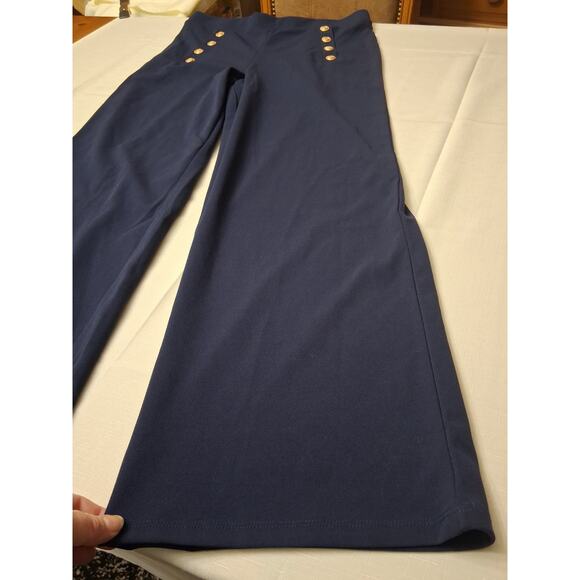 H&M Navy Blue SAILOR PANTS Flared wide leg Womens Size L GOLD Button Front - Picture 3 of 13
